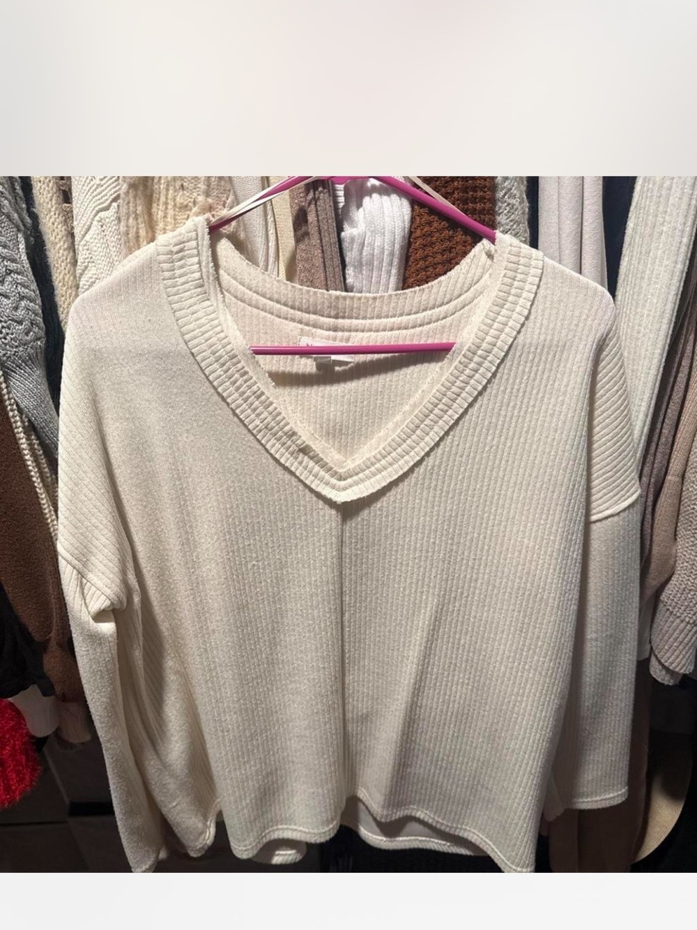 V-Neck Ribbed Cream Women's Sweater